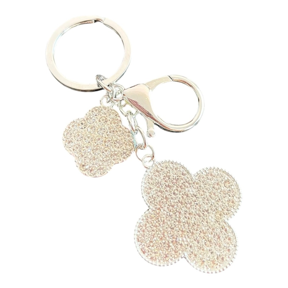 Women's Silver White Rhinestone Clover Charm Key Chain 4" Sparkly Metal